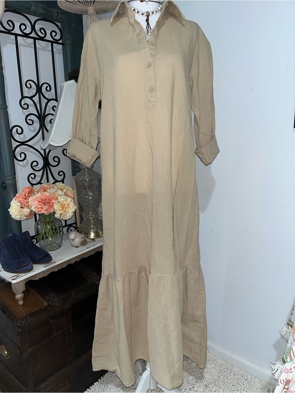 Long Beige Button-Front Maxi Dress